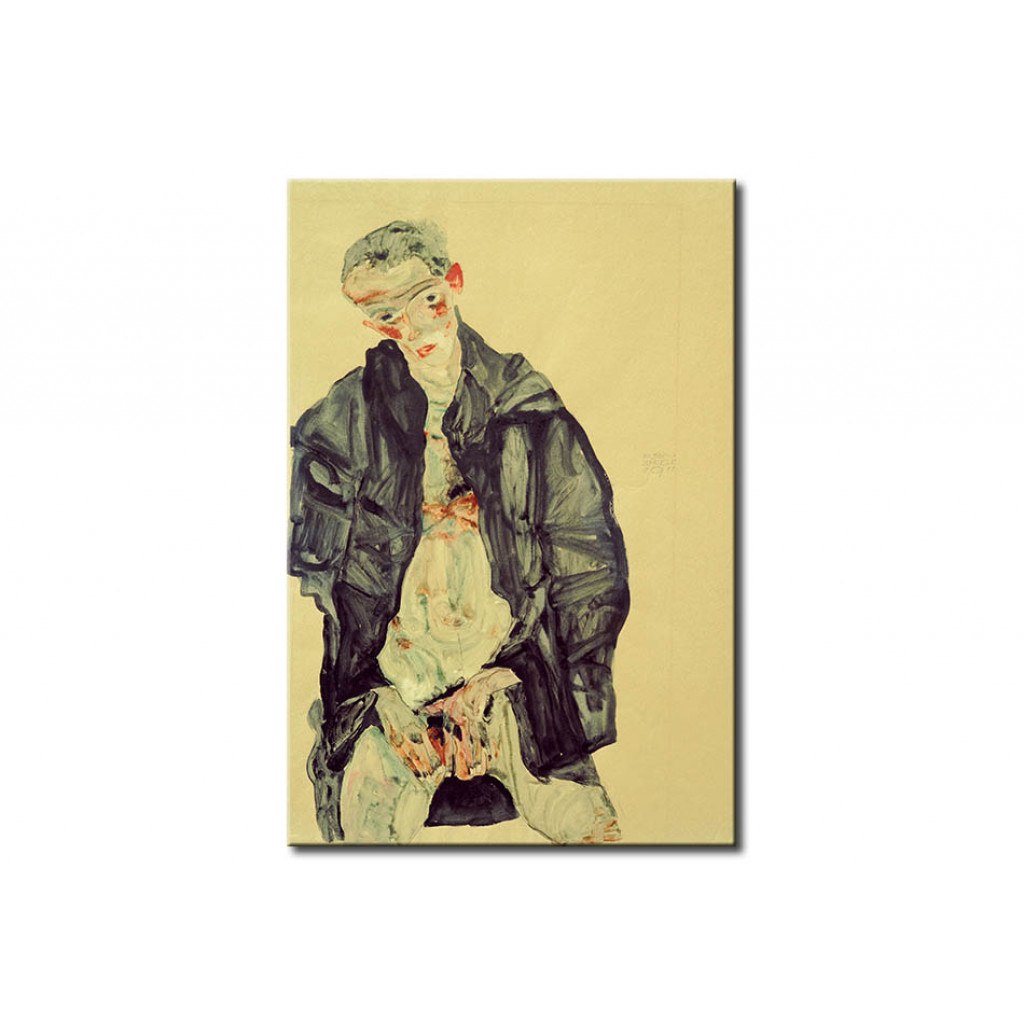 Schilderij  Egon Schiele: Selbstbildnis Als Halbakt In Schwarzer Jacke