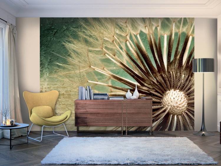 Wall Mural Close-up of a Dandelion - Plant on a Decoupage-style Background with Texts 60358