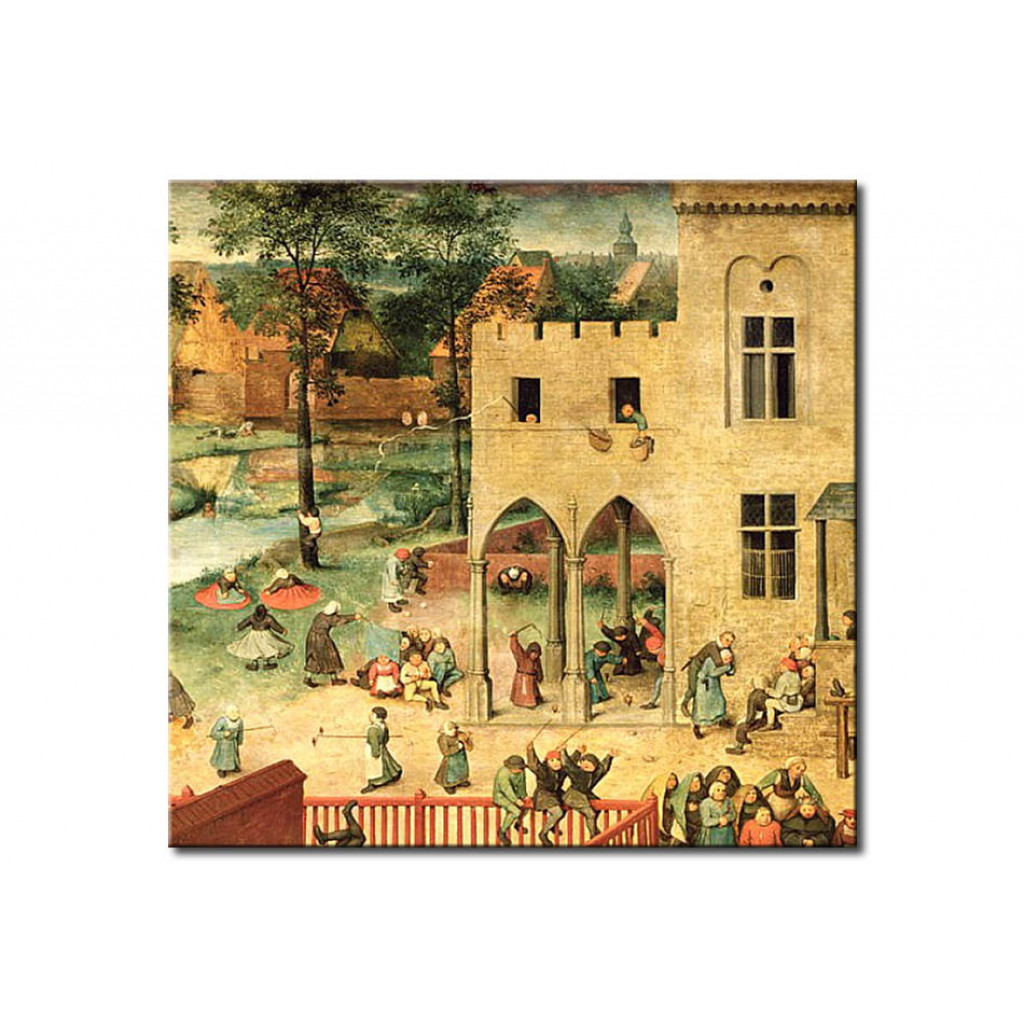 Schilderij  Pieter Bruegel The Elder: Children's Games (Kinderspiele): Detail Of Top Left-hand Corner Showing Children Spinning Tops And Playing Bowls
