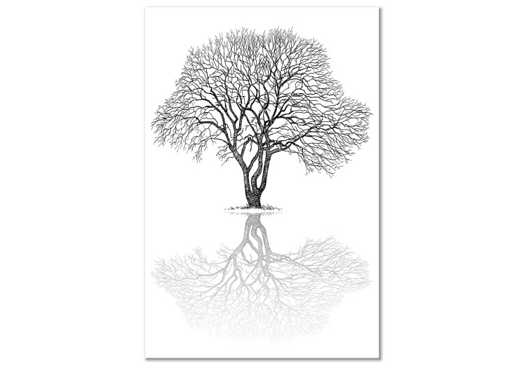 Canvastavla Naturverk (1-del) - reflektion av ett träd på svartvit landskapsvy