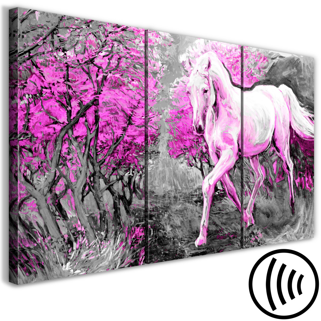 Schilderij  Paarden: Roze Paard In Galop - Kunstwerk Met Een Rennend Paard Tussen De Bomen