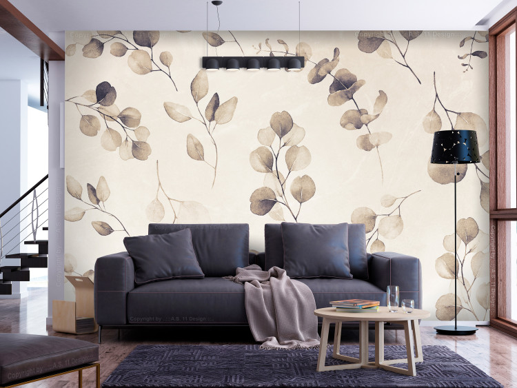 Papier peint Feuilles d'eucalyptus beige - une composition avec un motif floral