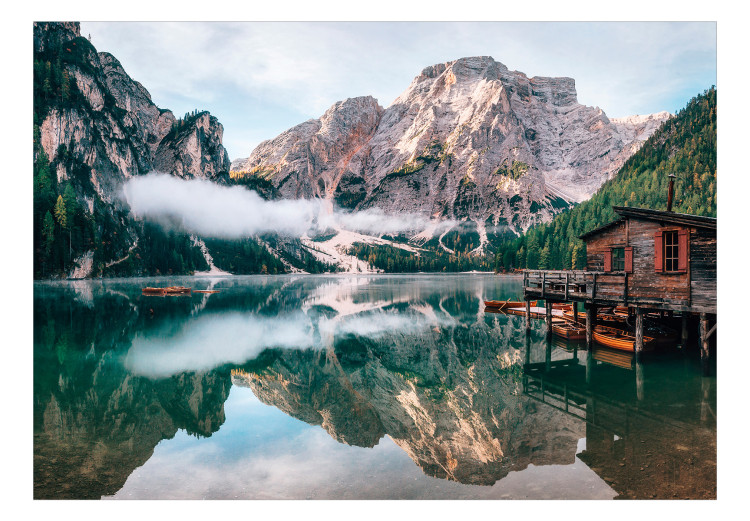 Wall Mural Dolomites and a Lake - Landscape With a Wooden House and Boats Against the Background of Mountains 150968 additionalImage 1