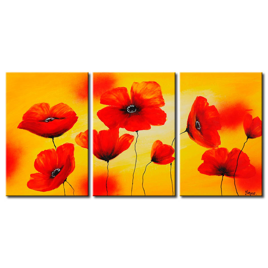Målning Vallmo (3-delar) - Växtmotiv Med Röda Blommor På Gul Bakgrund