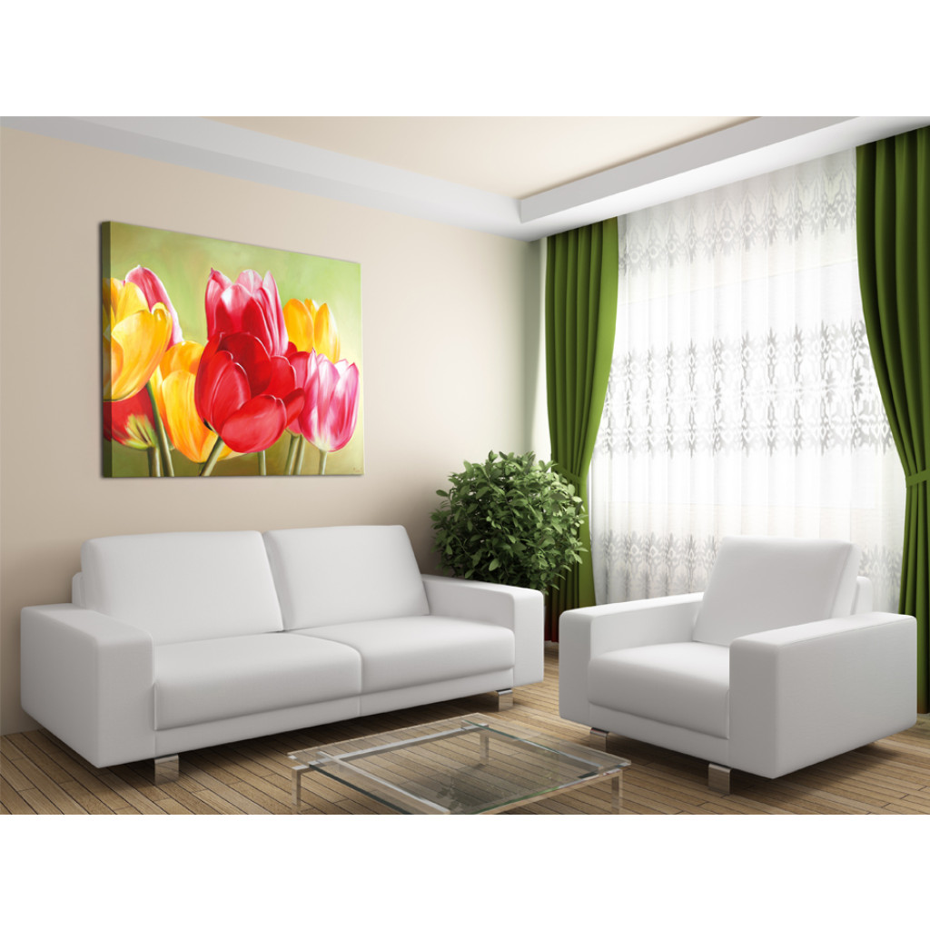 Schilderij  Tulpen: Frisse Tulpen (1-delig) - Kleurrijke Bloemen Op Een Groene Achtergrond