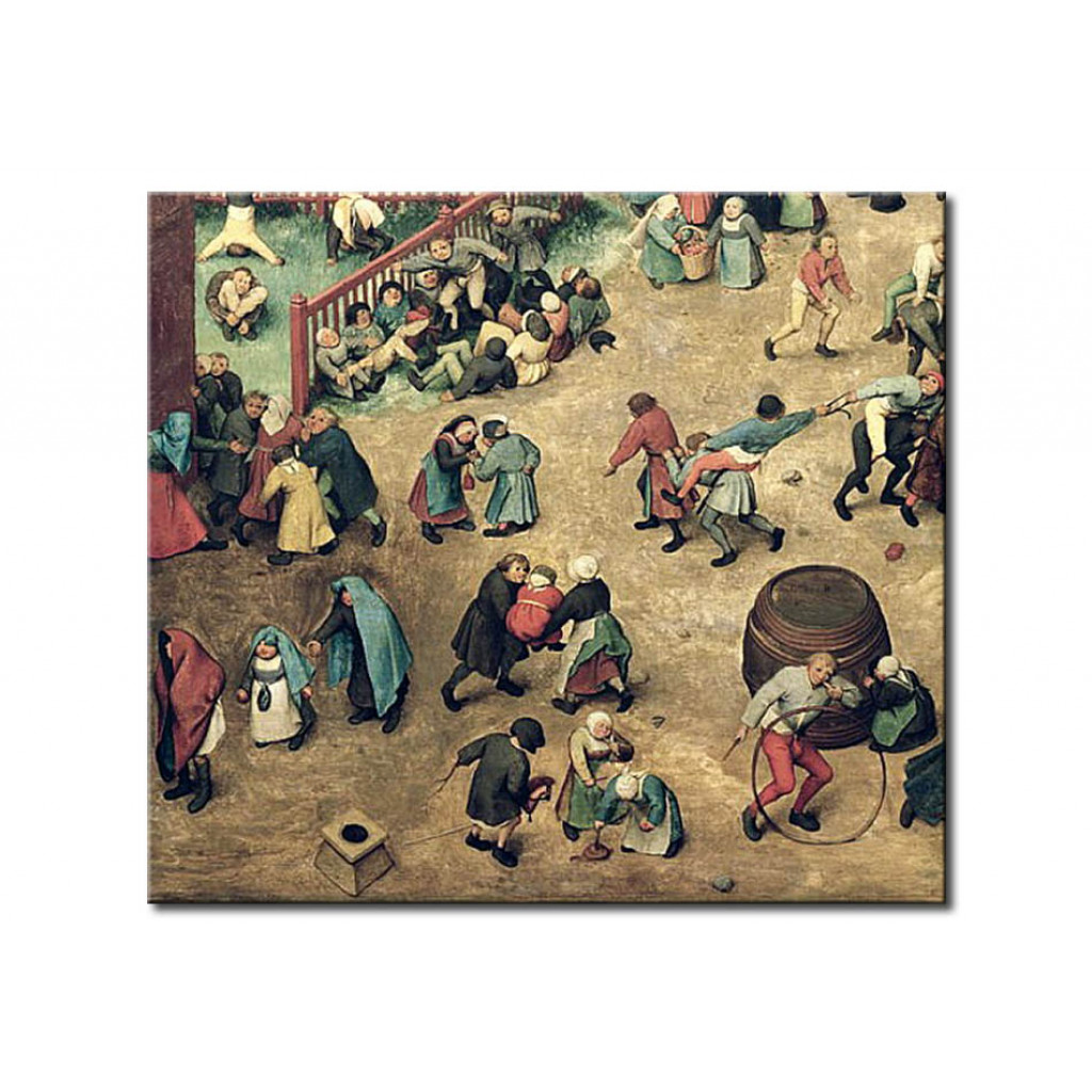 Schilderij  Pieter Bruegel The Elder: Children's Games (Kinderspiele): Detail Of Left-hand Section Showing Children Bowling Hoops, Doing Handstands, P