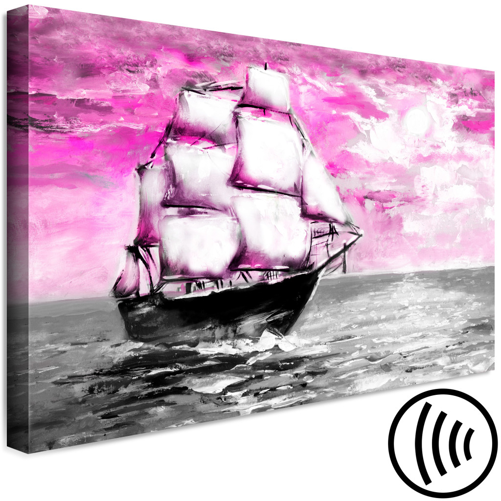 Quadro Em Tela Barco à Vela - Paisagem Marítima Com Um Céu Rosa E Um Barco Com Velas