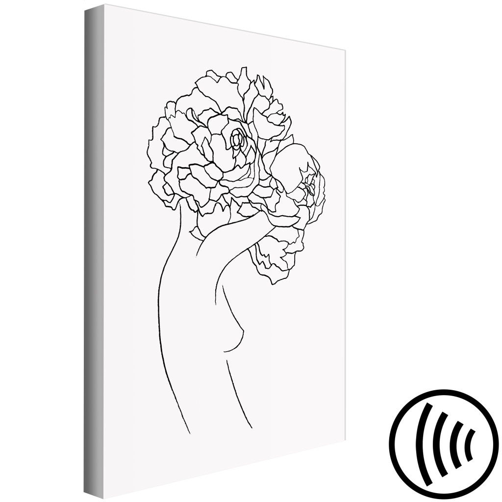 Quadro Pintado Figura Com Flor - Preto E Branco, Silhueta Linear De Mulher E Flores