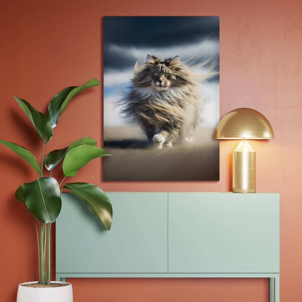 Obraz AI Kot Maine Coon - Dumnie Kroczący Zwierzak Z Rozwianym Włosem - Pionowy