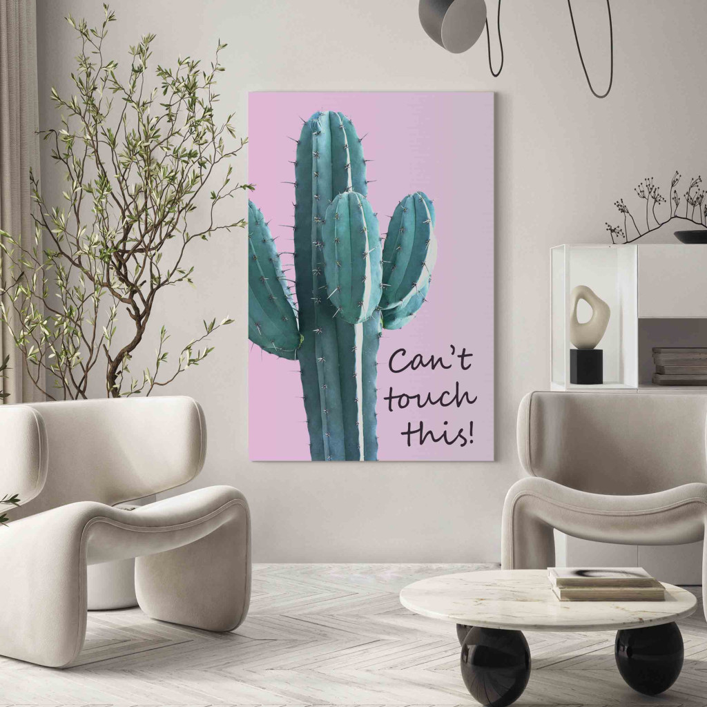 Canvastavla Can’t Touch This! - Inscription On A Pink Background With A Green Cactus