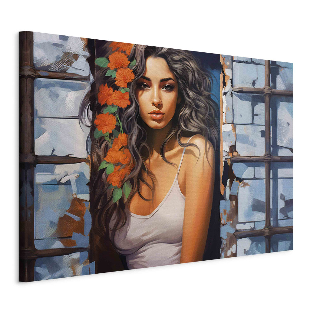 Schilderij Beautiful Girl - Portrait Of A Woman With Red Flowers In Her Hair [Large Format]