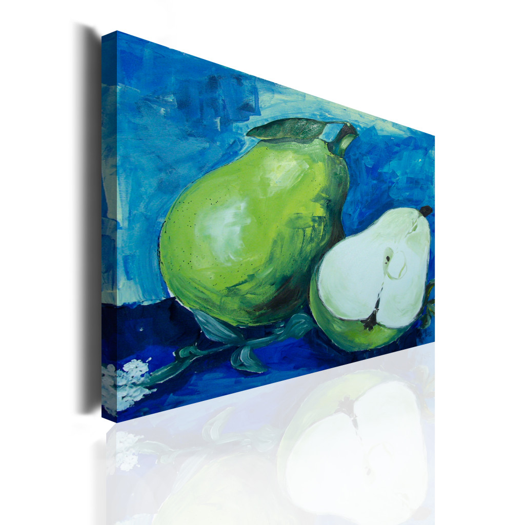 Schilderij  Fruit: Natuur Met Vruchten (1-delig) - Groene Peren Op Een Blauwe Achtergrond