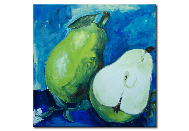 Wandbild Natur mit Früchten (1-teilig) - Grüne Birnen auf blauem Hintergrund 46678