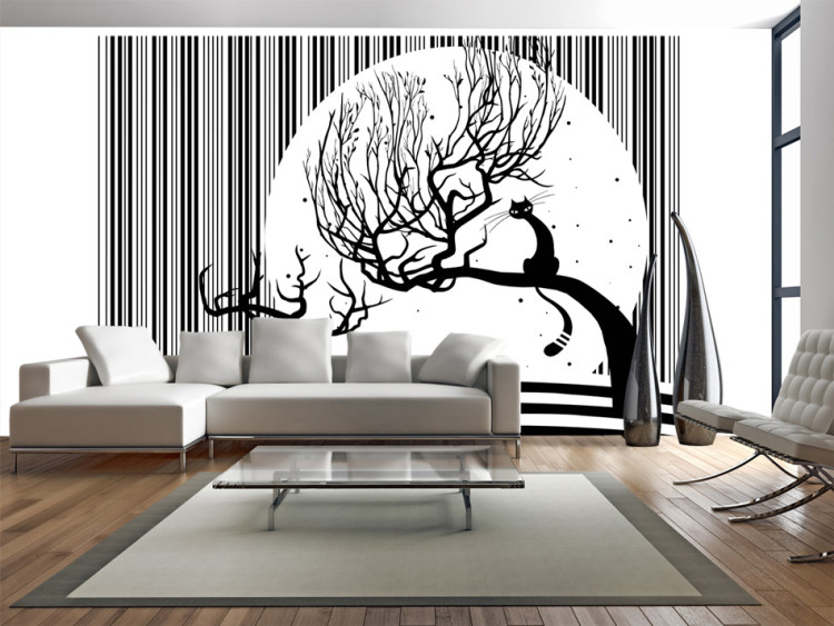 Wall Mural Black and White Striped Night - Cat sitting on a tree against a moon background 61278