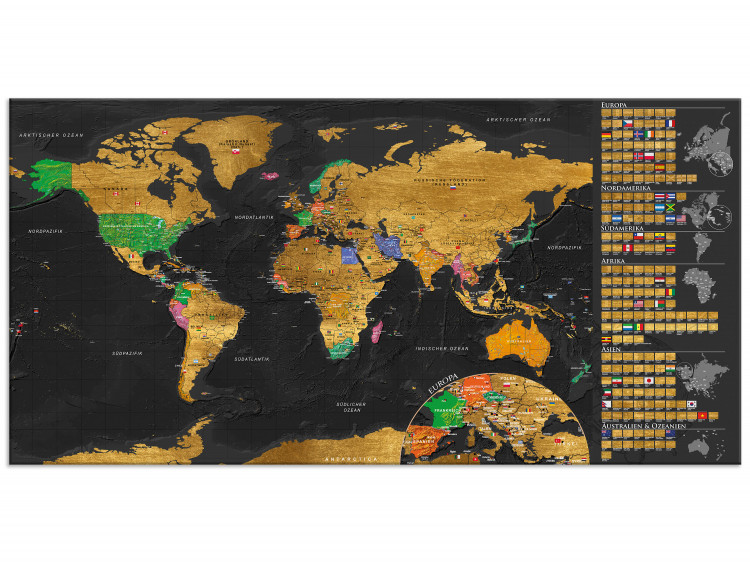Wandweltkarte zum Rubbeln Goldene Weltkarte - Aufhängefertig (Deutsche Beschriftung) 106888