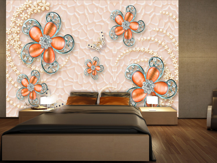 Mural Jóias em flores - abstracção com flores e borboletas sobre fundo rosa 132188