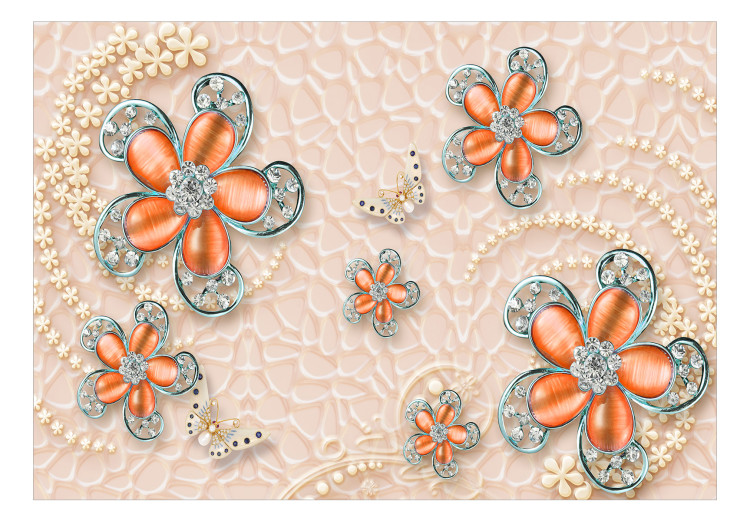 Mural Jóias em flores - abstracção com flores e borboletas sobre fundo rosa 132188 additionalImage 1