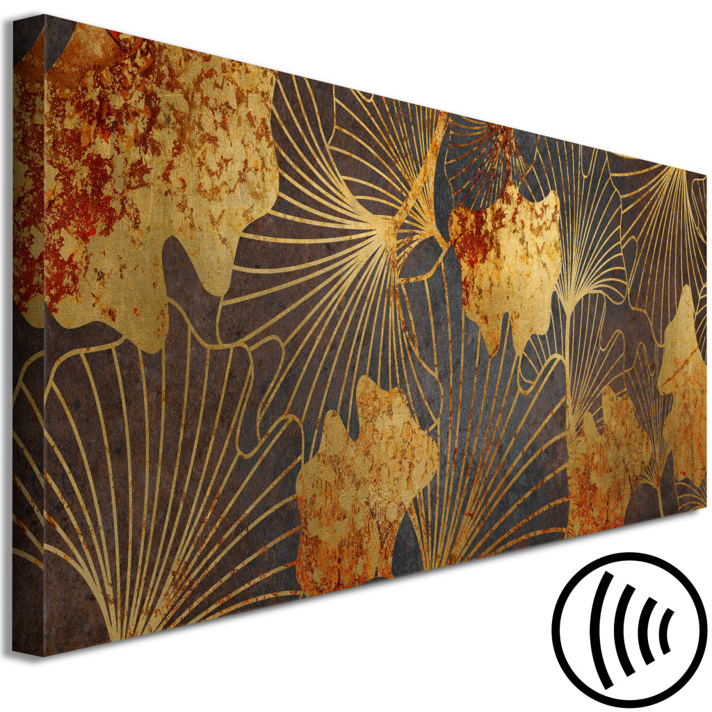 Schilderij  Florale Motieven: Gouden Bladeren - Bloemenornament In Blauw En Goud, Horizontaal