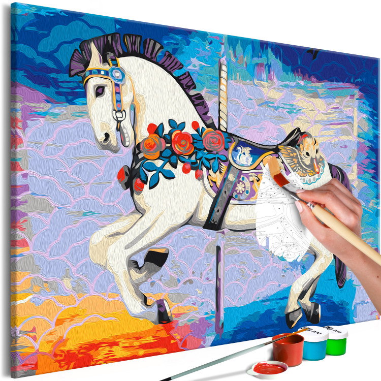Obraz do malowania po numerach Koń z karuzeli - szczęśliwe zwierzę z kwiatami na kolorowym tle 144088 additionalImage 6