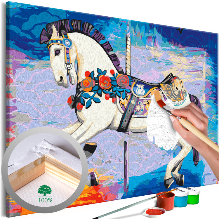 Obraz do malowania po numerach Koń z karuzeli - szczęśliwe zwierzę z kwiatami na kolorowym tle 144088