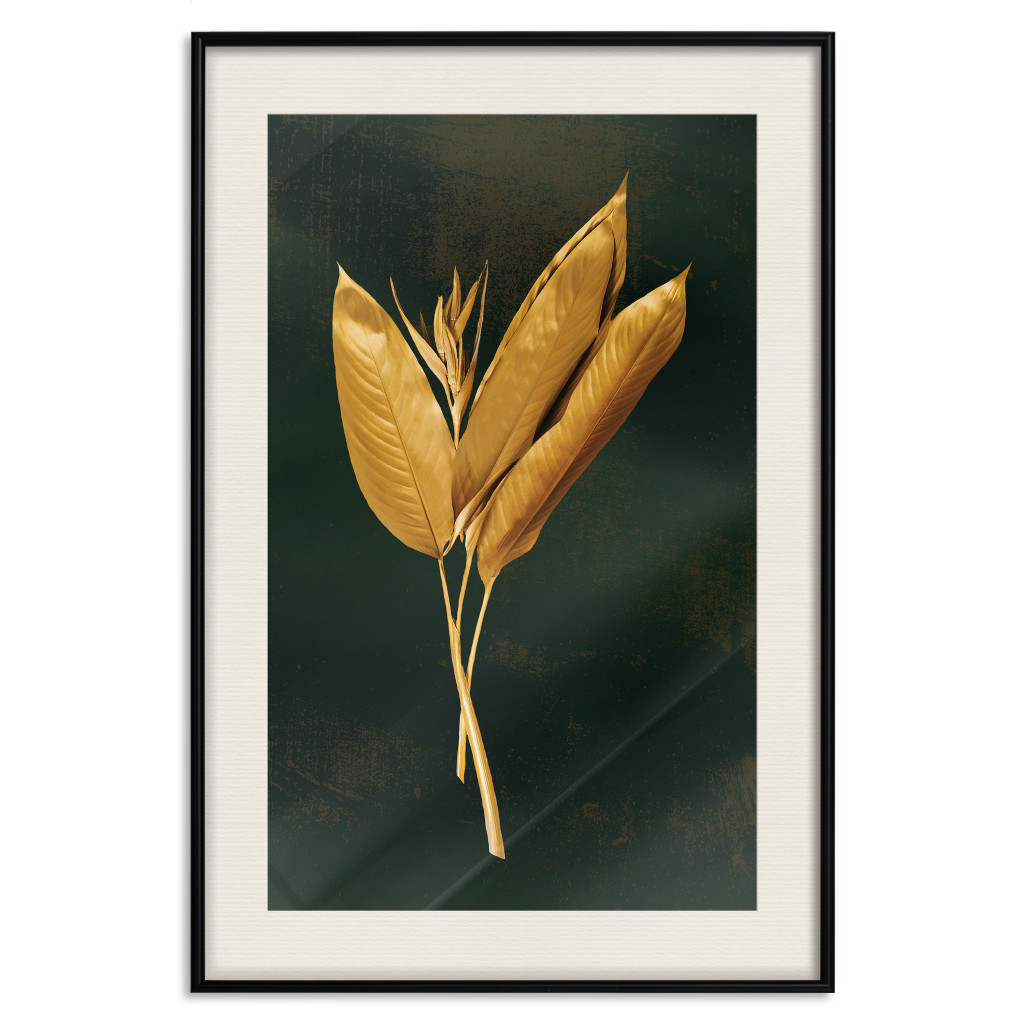 Muur Posters Golden Vegetation - Bouquet Of Leaves On A Dark Green Background
