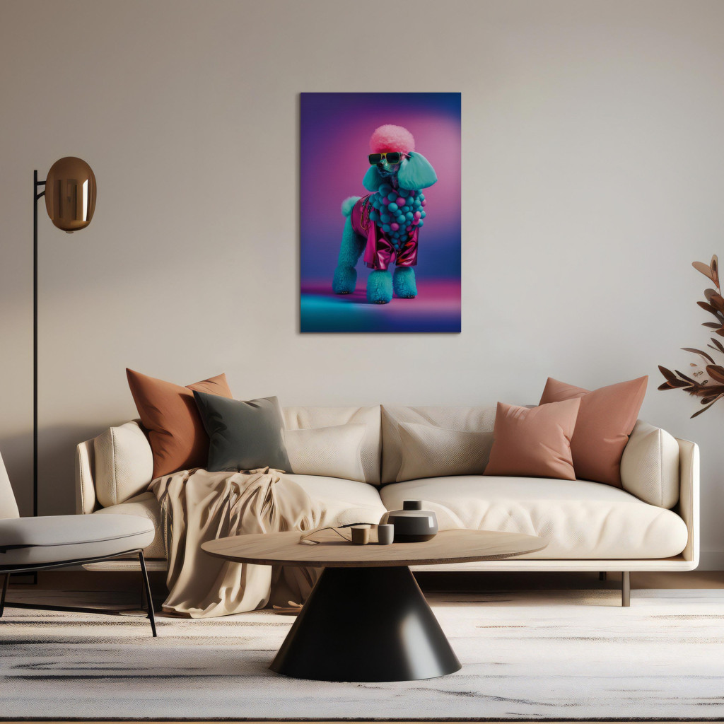 Schilderij  Honden: AI Dog Poodle - Fluffy Animal In A Fashionable Colorful Outfit - Vertical