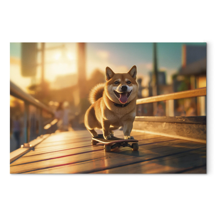 Målning AI Shiba Dog - Smiling Animal on Skateboard at Sunset - Horizontal 150288