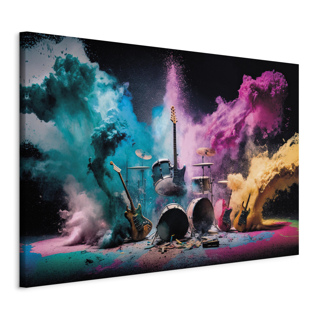 Schilderij Rock Concert - Exploding Instruments On Stage In Colored Dust [Large Format]