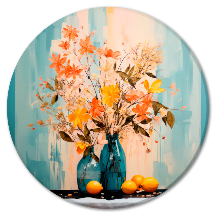 Round Canvas Not Necessarily a Still Life - Flowers and Lemons on an Abstract Background 151588