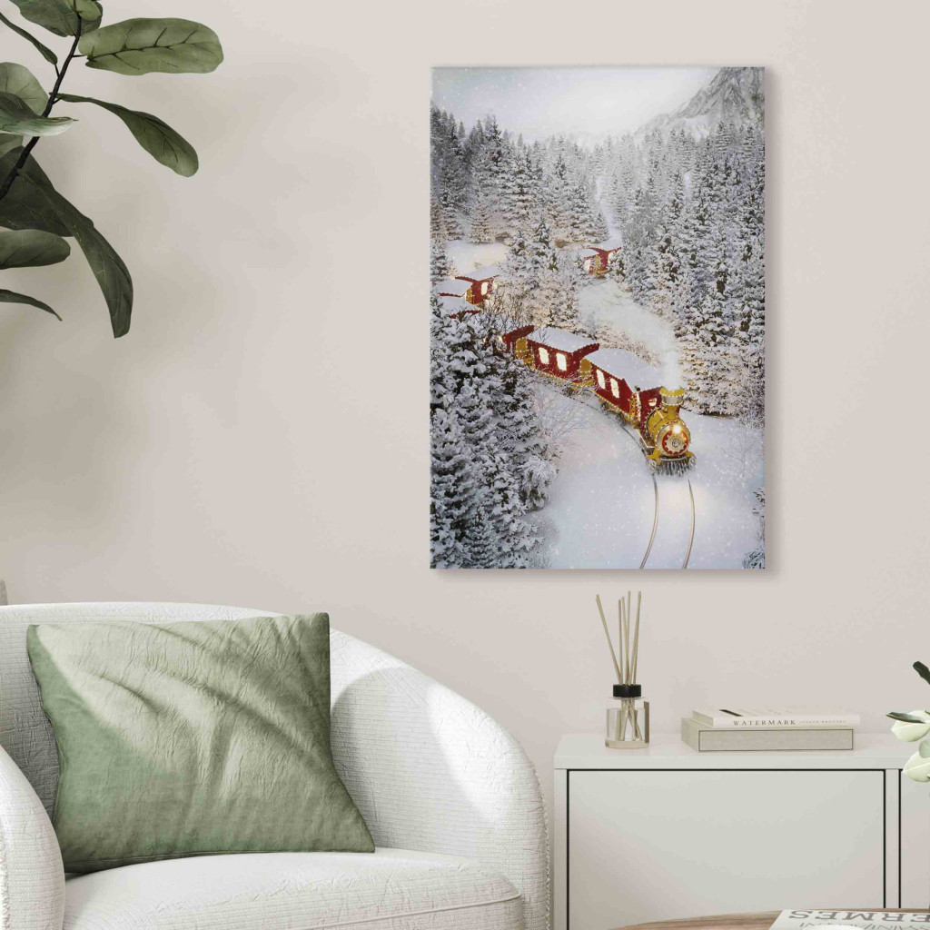 Schilderij  Winter: Christmas Train - A Fairy Tale Train Going Through A Snow-Covered Forest
