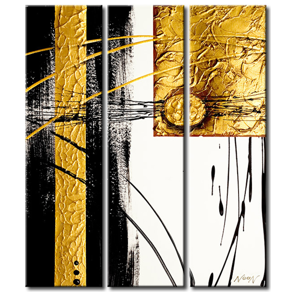 Schilderij  Abstract: Gouden Abstractie (3-delig) - Geometrische Figuren Op Een Witte Achtergrond