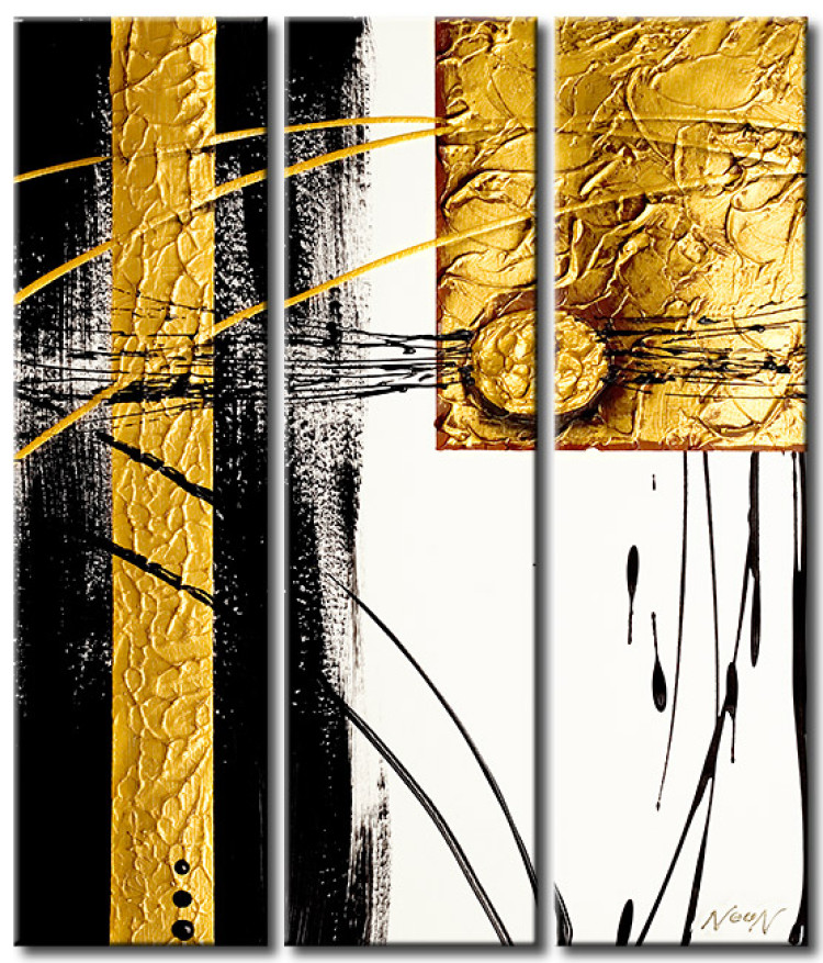 Tableau mural Abstraction dorée (3 pièces) - figures géométriques sur fond blanc 47788