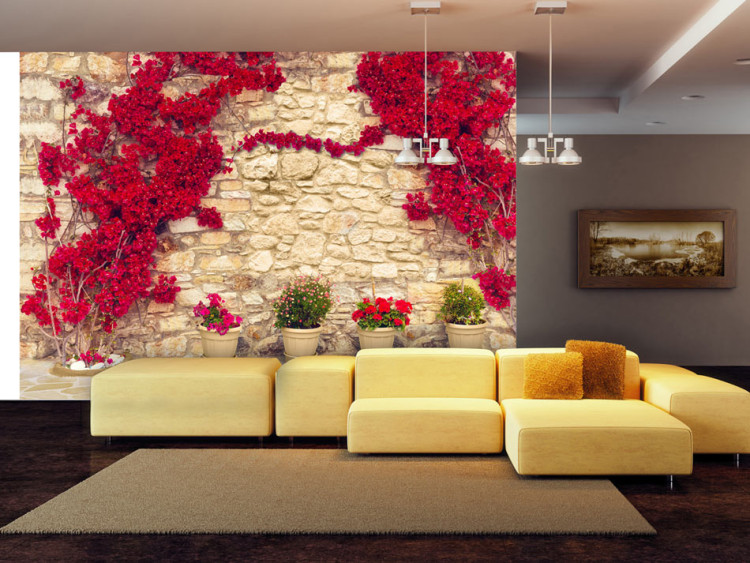 Wall Mural Warm Afternoon - Design with Stone Wall and Red Ivy 60988