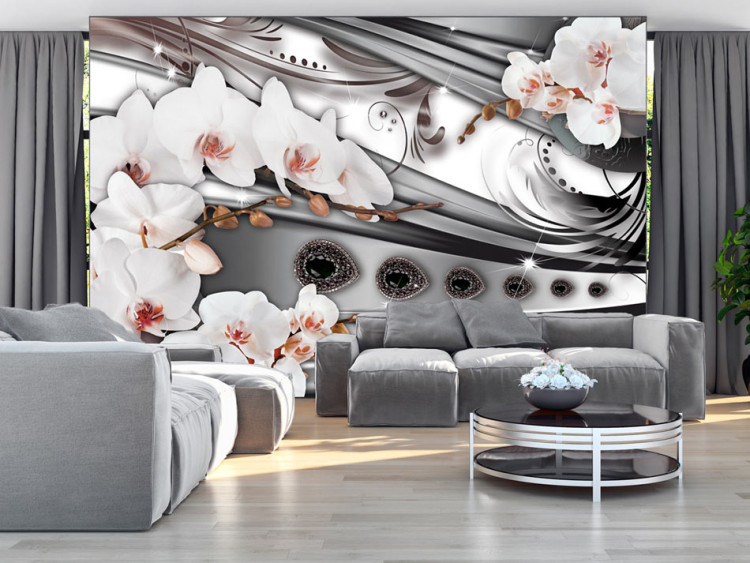 Wall Mural Silver Abstraction - White orchid flowers with ornaments and jewelry
