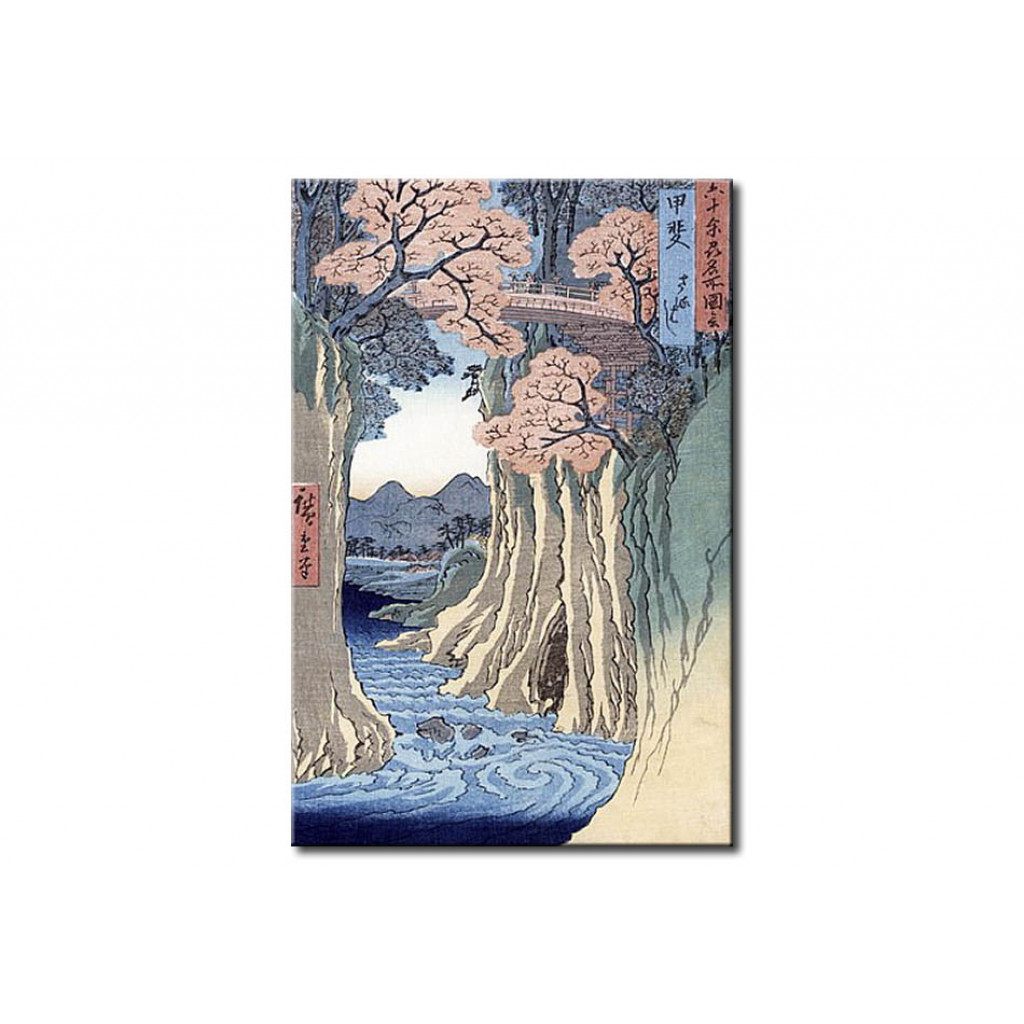Schilderij  Utagawa Hiroshige: The Monkey Bridge In The Kai Province, From The Series 'Rokuju-yoshu Meisho Zue' (Famous Places From The