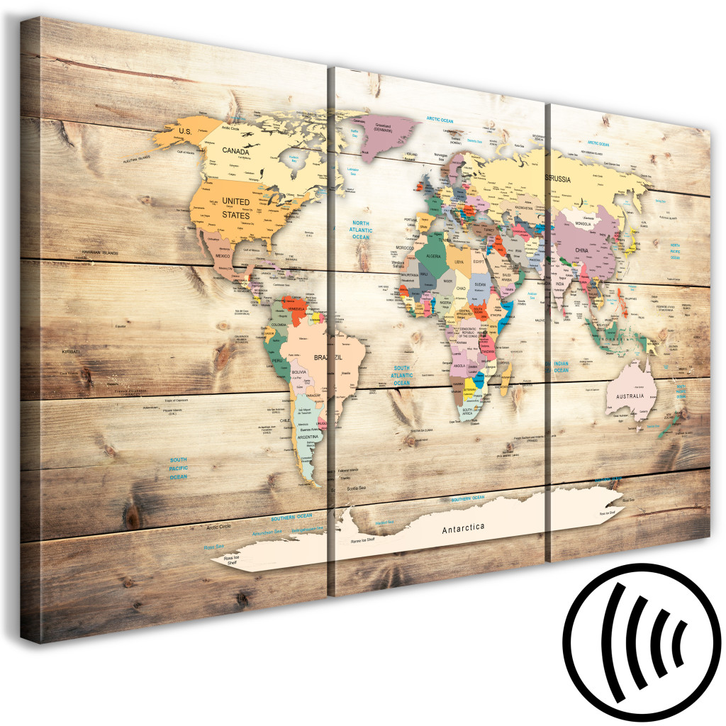 Schilderij  Kaarten Van De Wereld: World Map: Colourful Continents (3 Parts)