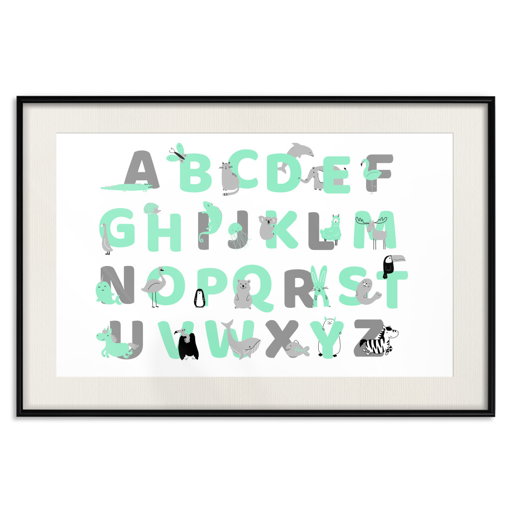 Plakat: Alfabet Angielski Dla Dzieci - Szare I Miętowe Literki Ze Zwierzątkami