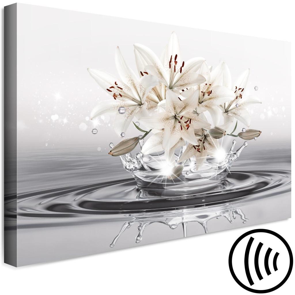 Schilderij  Lelies: Lilies - Bright Cream Flowers On A Decorative Cream Background In The Water