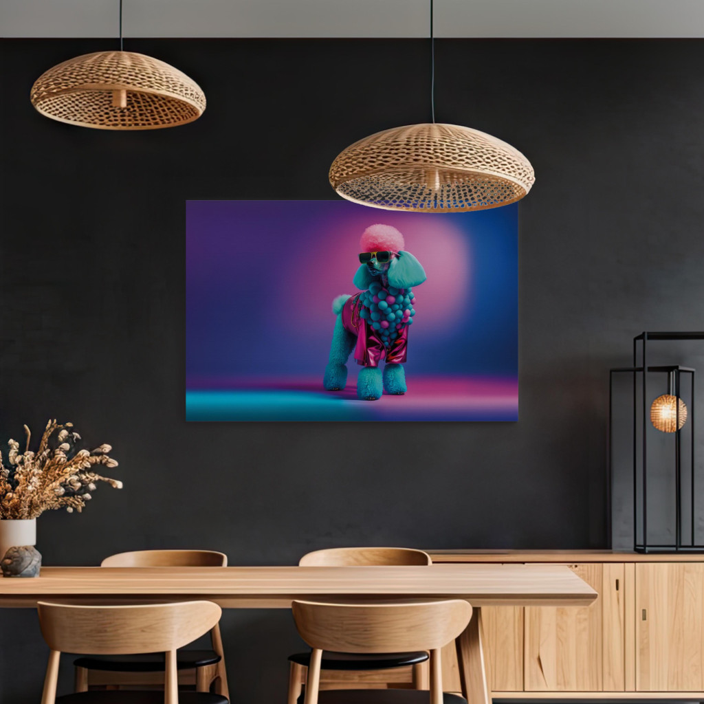 Schilderij  Honden: AI Dog Poodle - Fluffy Animal In A Fashionable Colorful Outfit - Horizontal