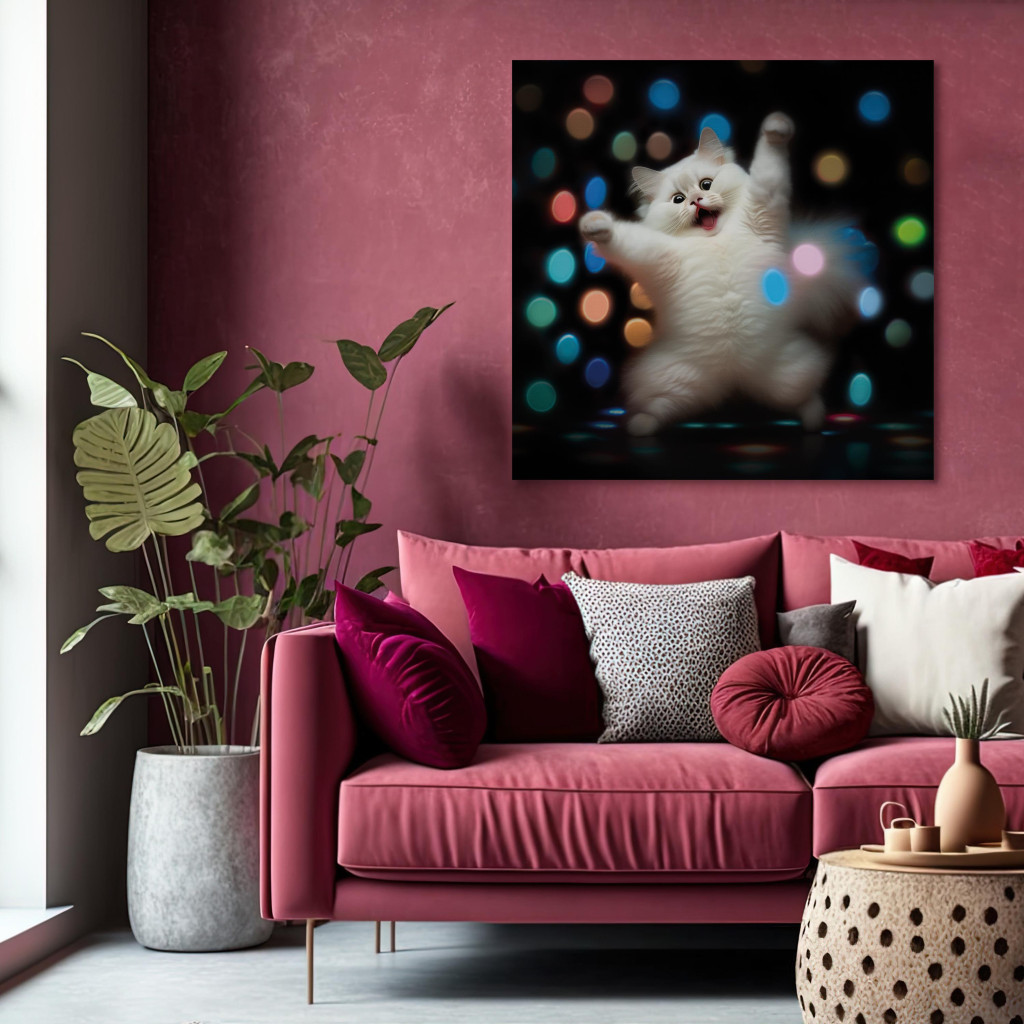 Obraz AI Kot Pers - Tańczący W Disco Kropkach Zwierzak - Kwadratowy