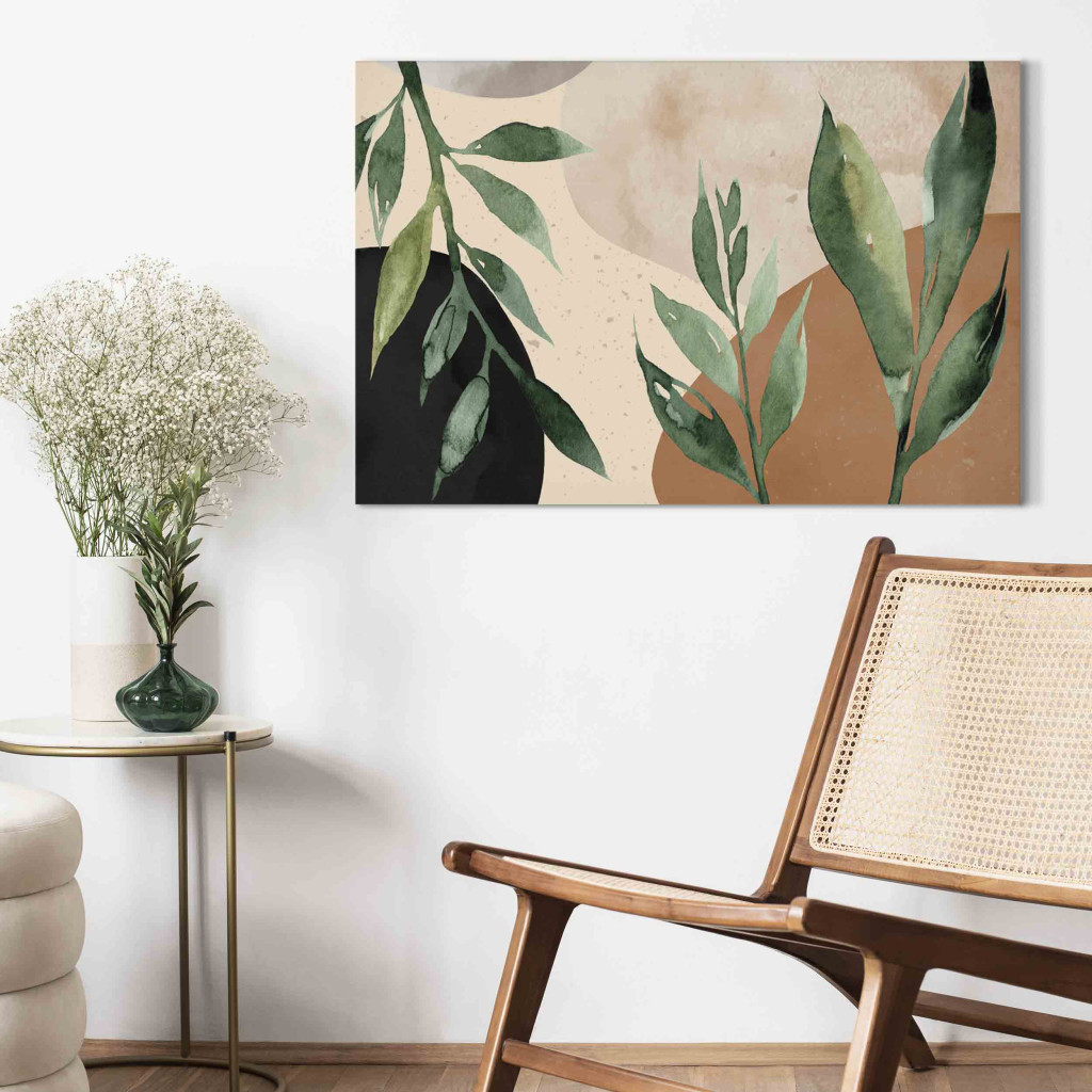 Schilderij  Florale Motieven: Harmony Of Nature - Beige Abstract With Spots Of Color And Leaves