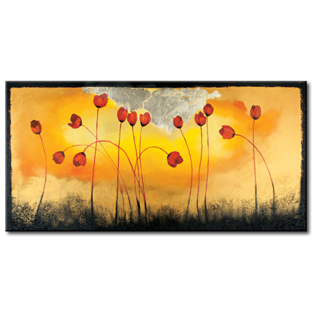 Pintura Em Tela Papoilas Vermelhas Em Fundo Amarelo (1 Peça) - Abstração Com Flores