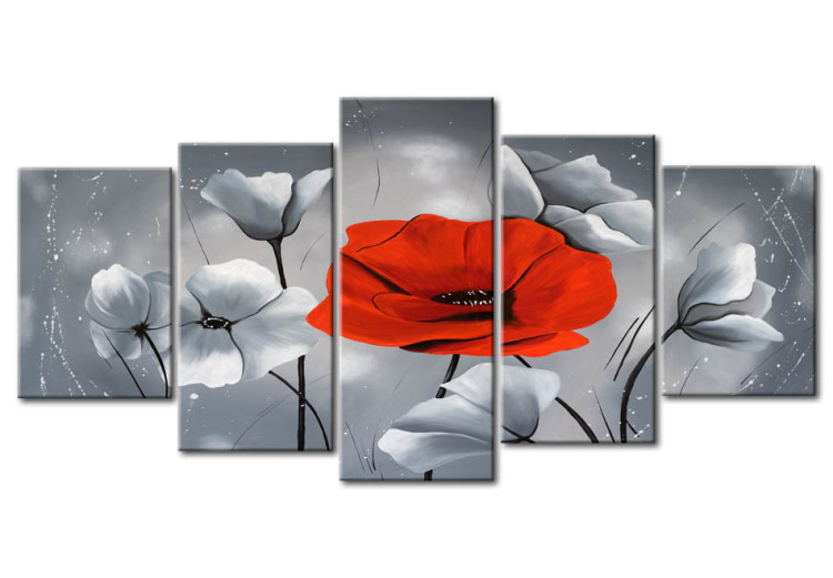 Canvas Print Uniqueness (5-piece) - gray floral motif with red poppy 46898
