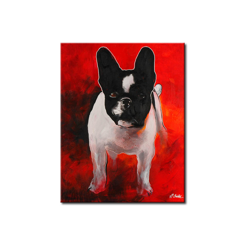 Tavla Mörk, Ledsen Bulldog - Abstrakt Porträtt Av En Hund På Röd Bakgrund