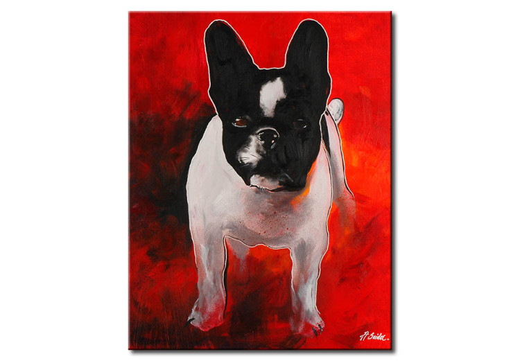 Cuadro moderno Bulldog oscuro y triste - retrato abstracto de perro sobre fondo rojo 49498