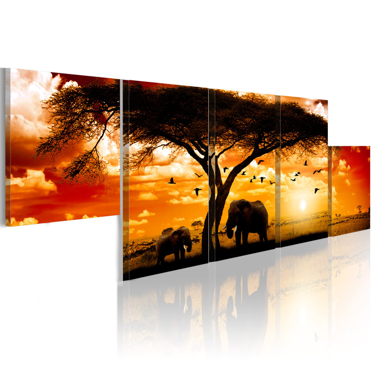 Leinwandbild Elefanten unter einem Baum - Sonnenuntergang mit Tieren der Savanne 50498 additionalImage 2