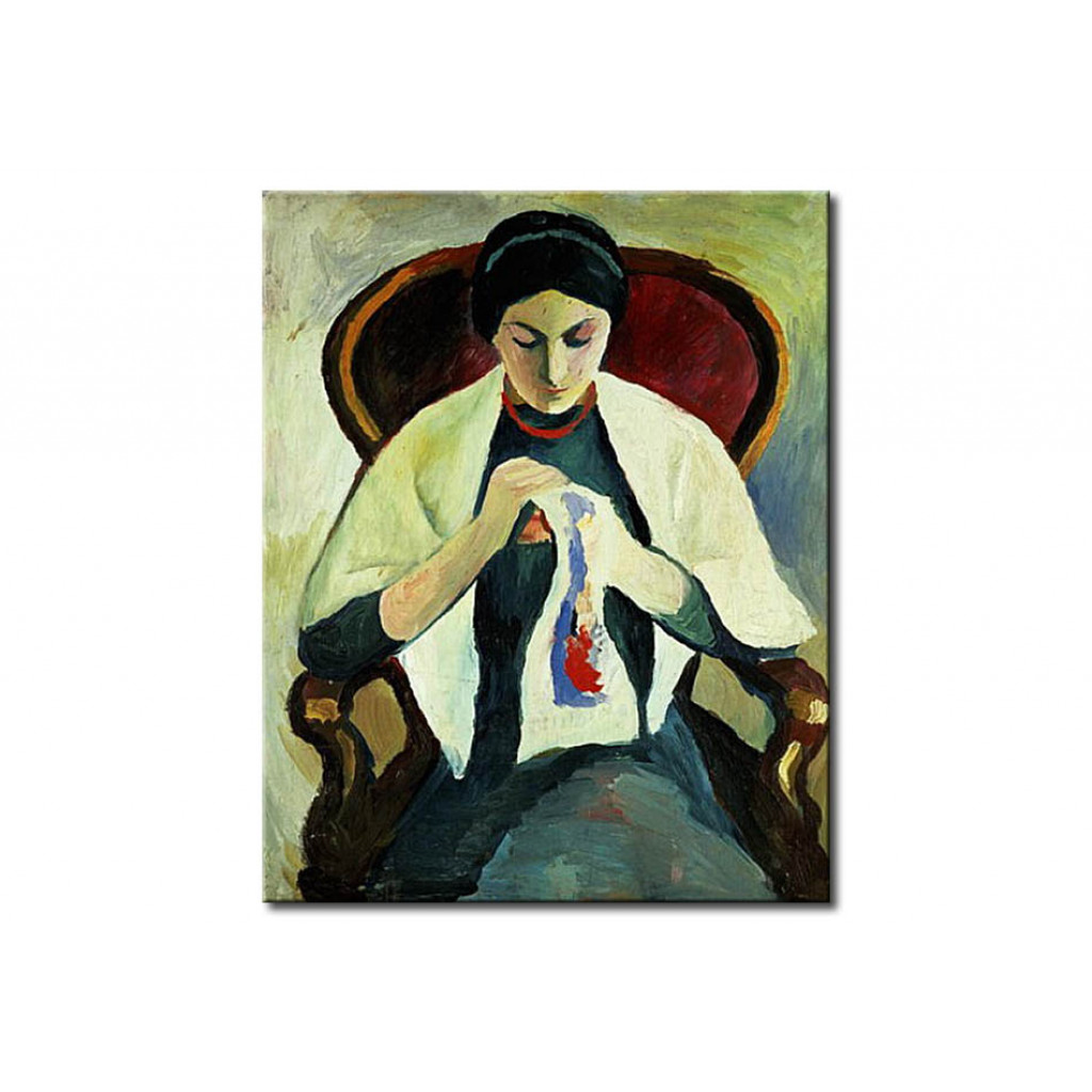 Schilderij  August Macke: Woman Sewing