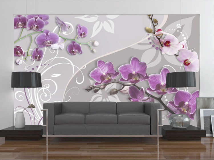 Wall Mural Flight of Purple Orchids - Flowers on a Background with Imaginary Elements 60298