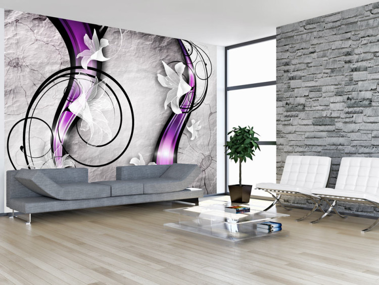Wall Mural White Flowers and Stone - Floral Motif on an Imaginary Background with Violet