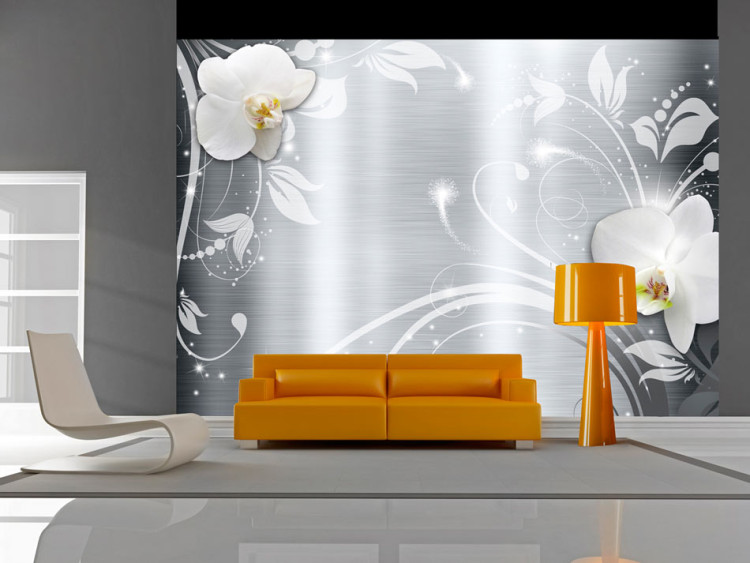 Wall Mural Orchids on Steel - Abstraction with White Flowers on Steel-like Background 60798